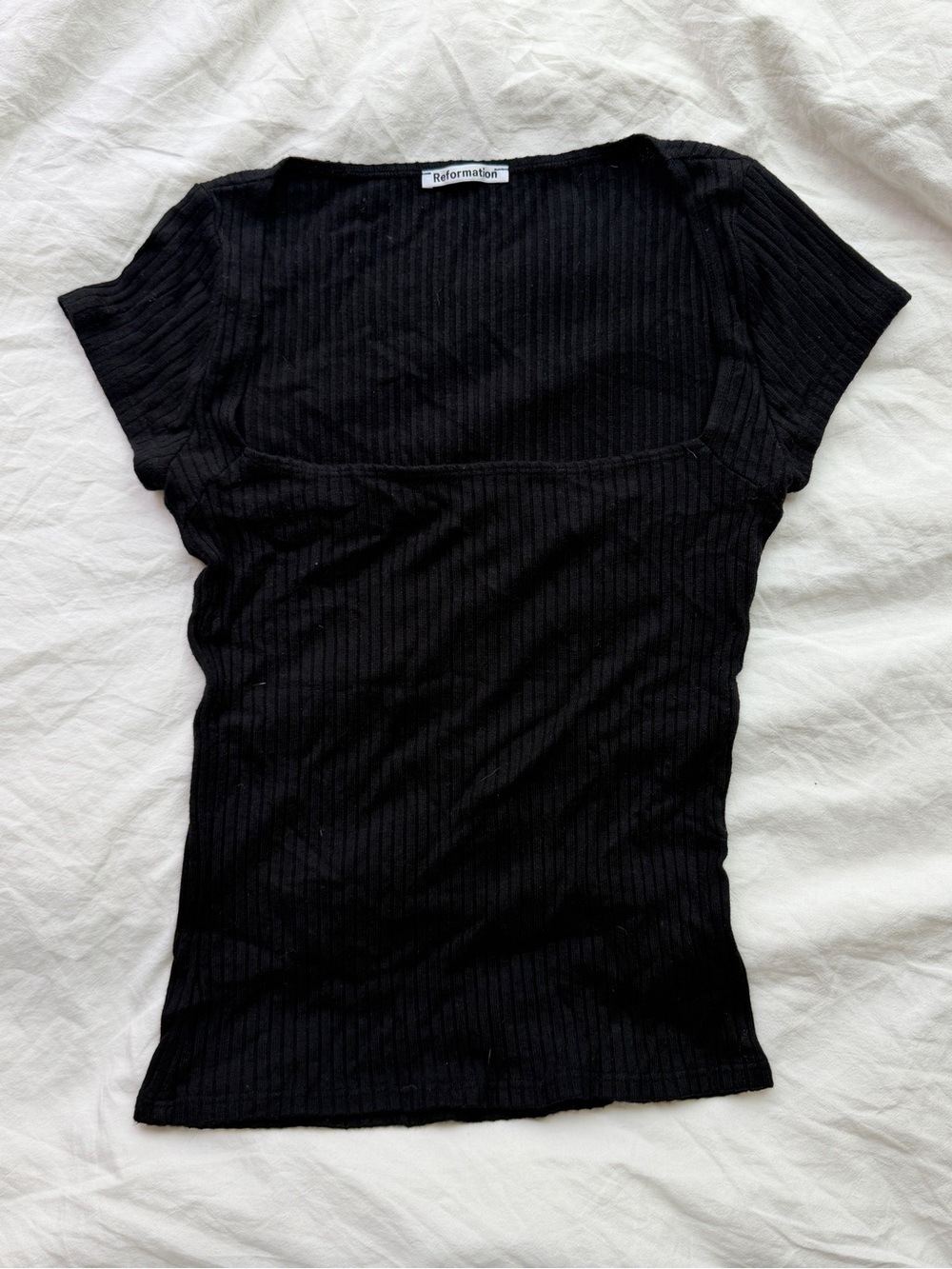 Reformation Black Ribbed Square-Neck Short Sleeve Tee